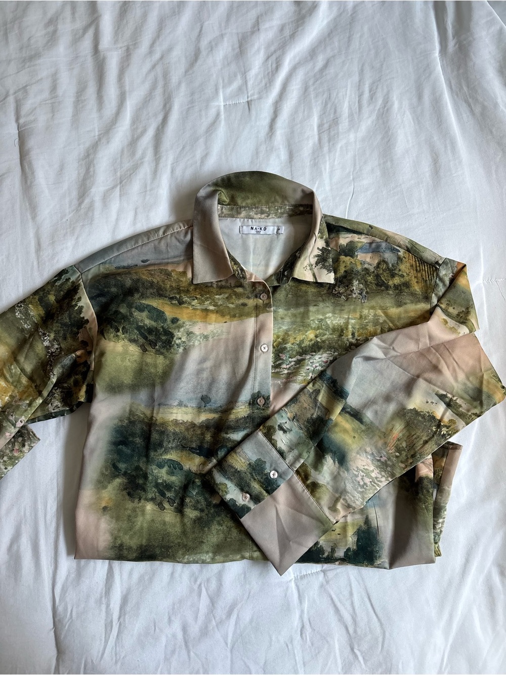 Naked Copenhagen Green and Beige Printed Button-Down Blouse